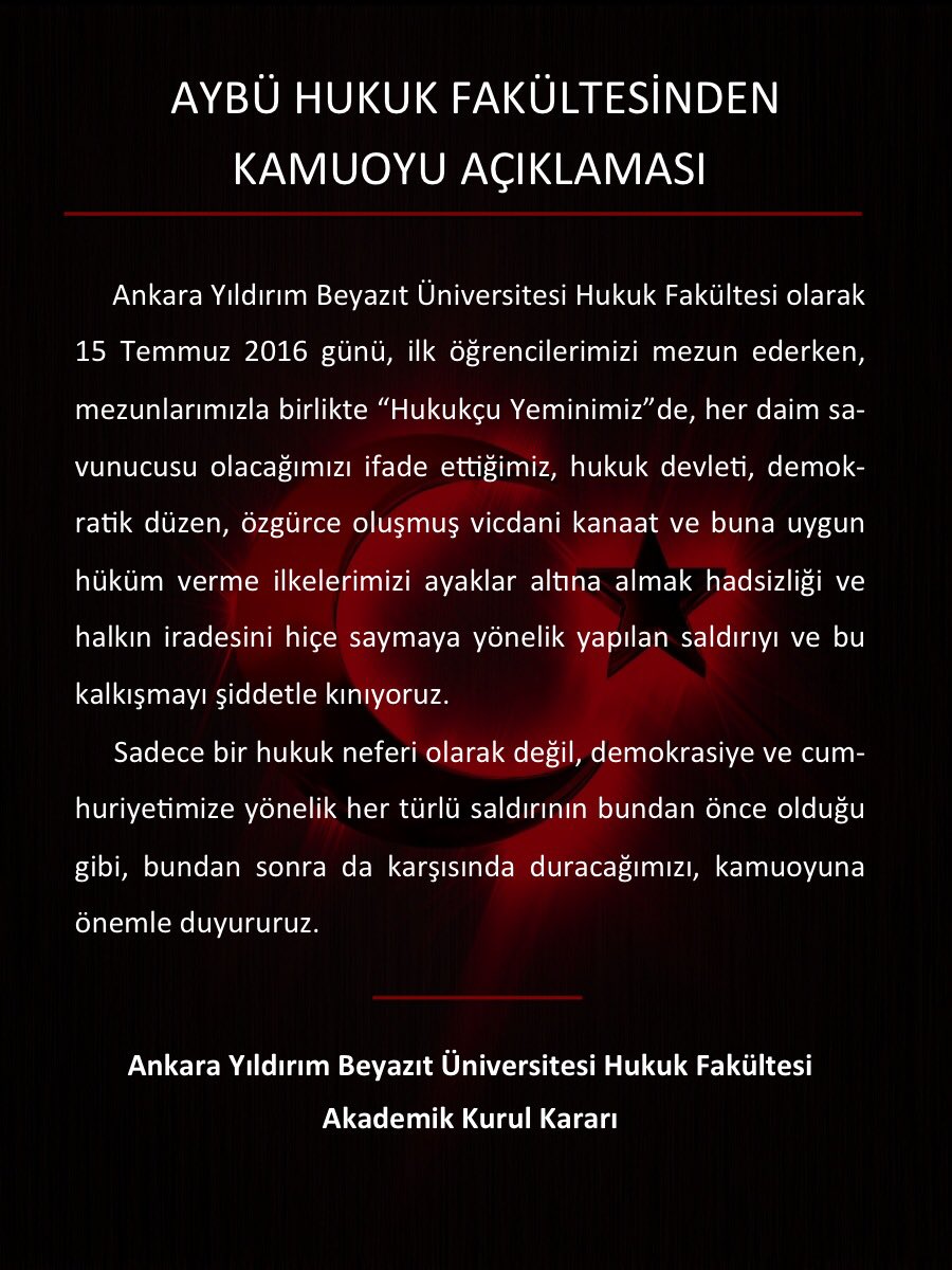 Yıldırım Beyazıt Üniversitesi Ailesi olarak Darbeye ve Darbecilere karşı MİLLETİMİZİN ve DEVLETİMİZİN YANINDAYIZ...