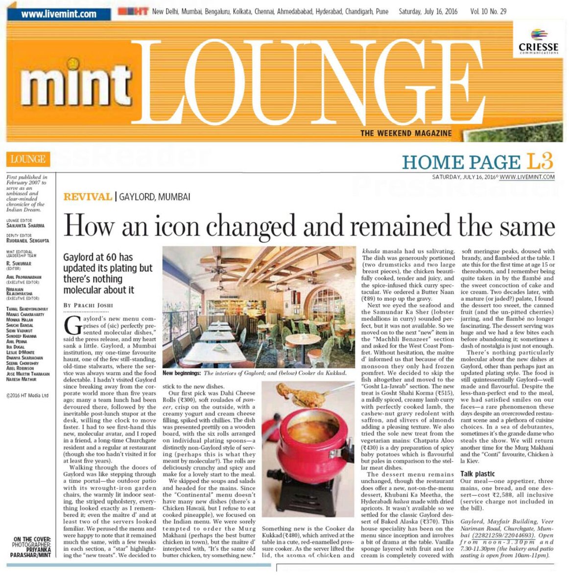 CriessePR's tweet photo. How an icon changed and remained the same? #CriesseClient @gaylordmumbai in today's @Mint_lounge! #CriessePR #Iconic https://t.co/U4yQ2d9UXe