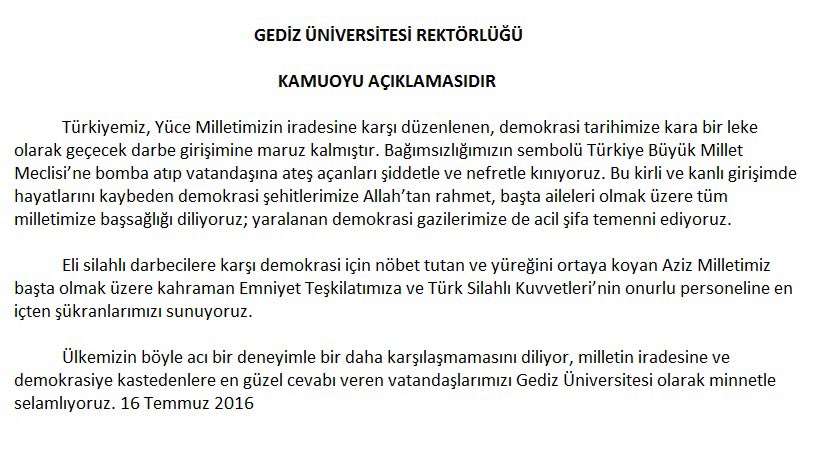 gedizuniversity's tweet photo. GEDİZ ÜNİVERSİTESİ REKTÖRLÜĞÜ KAMUOYU AÇIKLAMASIDIR… https://t.co/1VrANfDmWy