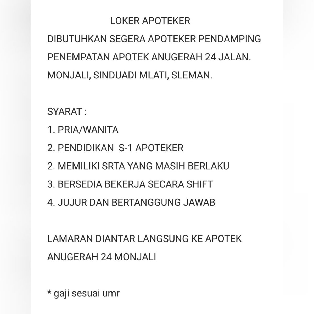 kiasyarief's tweet photo. CITO!!! Di butuhkan segera #lokerjogja #infolokerjogja #apotekerjogja https://t.co/qjHqGb0rCH