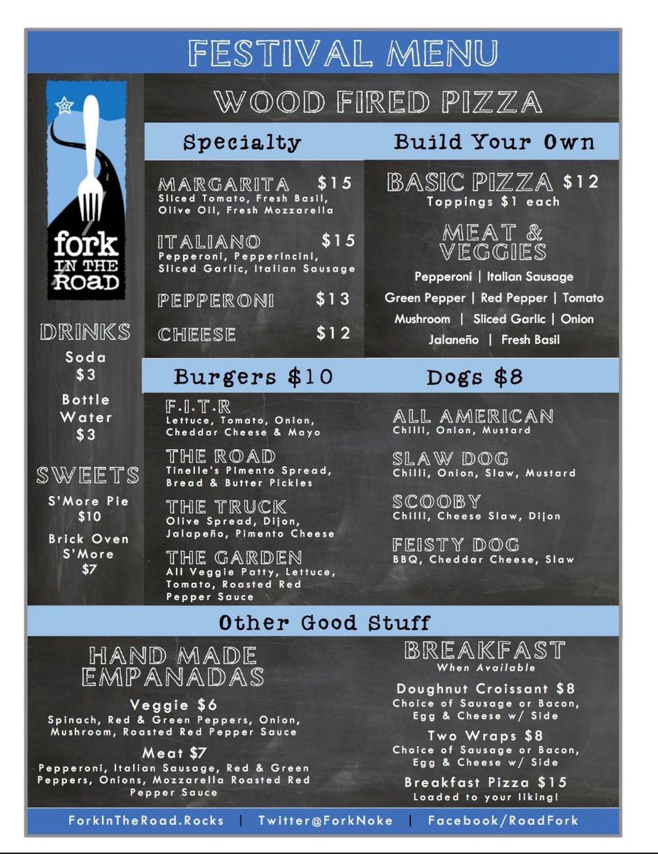 FloydFestVols's tweet photo. Fork In The Road will be set up starting Tuesday night for volunteers in Delta Lot, heres a look at the menu: https://t.co/0pAm3U2eGj