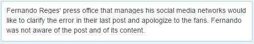 Fernando Reges' press office that manages his social media networks would like to clarify the error in their (...)