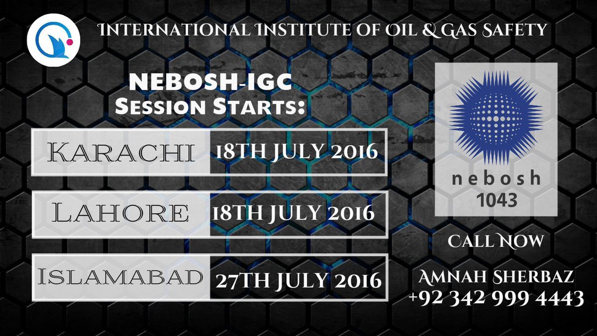 Amnah_iiogs's tweet photo. You still have a chance to register for #NEBOSH-#IGC with #IIOGS
Call Now:
Amnah Sherbaz
+92 342 999 4443 https://t.co/SLj6TJJ1tk