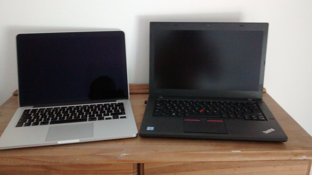 DHeukelom's tweet photo. Private vs work. Extremely happy with the Mac. @Apple @lenovo https://t.co/OsGfLmg7qH