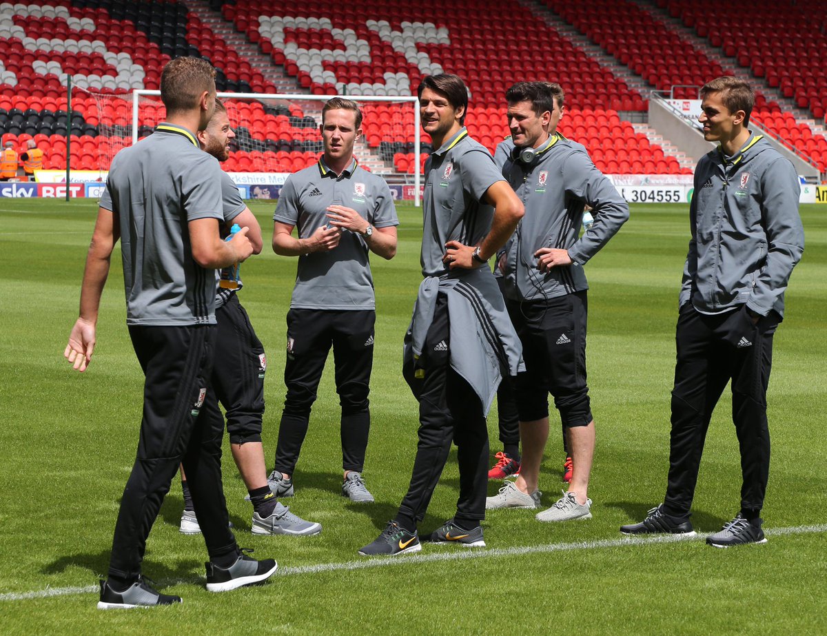 Boro's tweet photo. The squad are currently taking a look at the pitch at the Keepmoat. #UTB https://t.co/jdqyHHLwvt