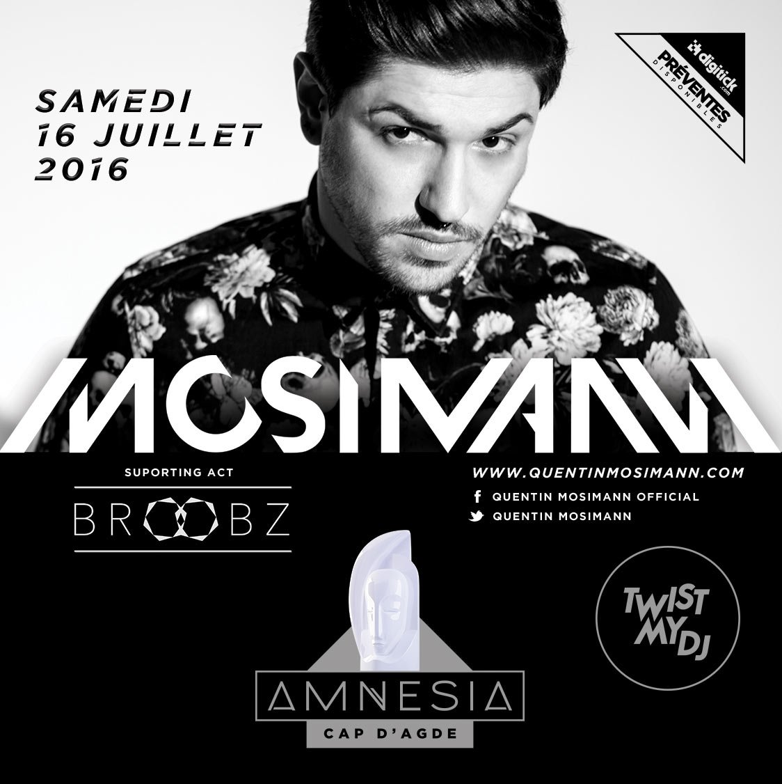 Ce soir The One and only @quentinmosimann &amp; <a href="/Broobzofficial/">Broobz</a> <a href="/amnesiacap/">Amnesia</a> Préventes sur amnesia.fr
