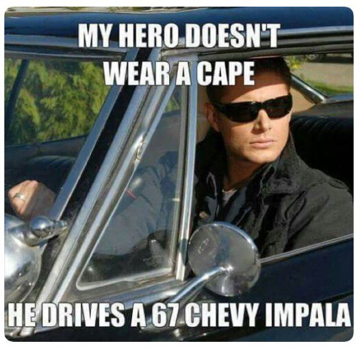 JackieWho515324's tweet photo. #SPNFamily My Hero Doesn't Wear a Cape.... He Drives a 67 Chevy Impala 💜 https://t.co/zTYv7OXoi1