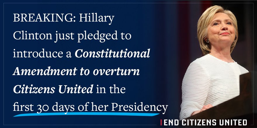 .@HillaryClinton pledges #campaignfinance reform plan in first 30 days! RT if you're ready to end #CitizensUnited.