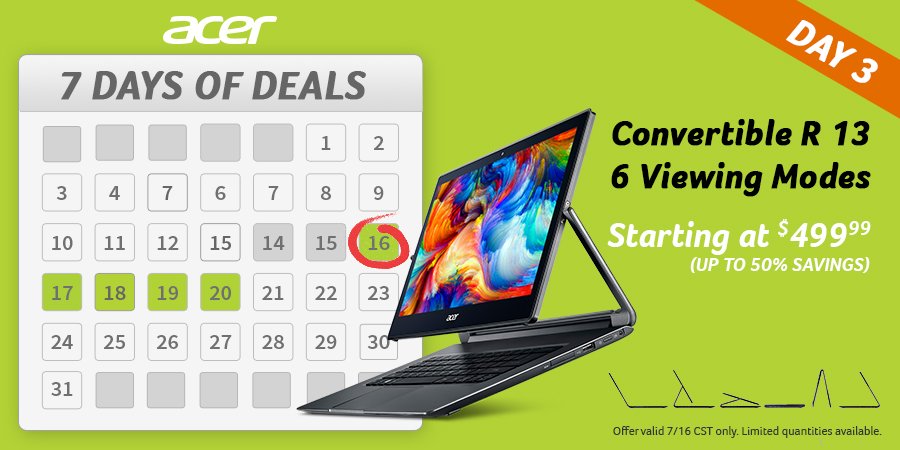 acerstore's tweet photo. TODAY ONLY! Save up to 50% on select R 13 Convertible Laptops! Starting at $499.99 shipped! https://t.co/VwnngVRHzf https://t.co/AF2LYama5O