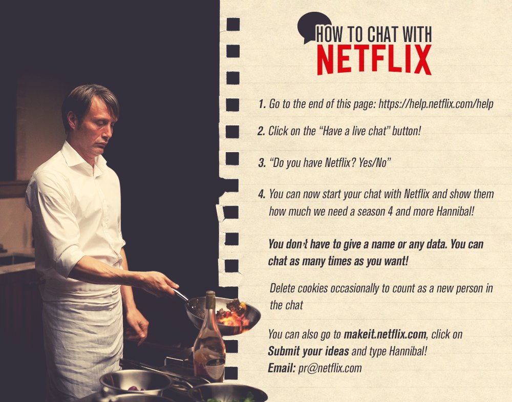 LilianKrueger's tweet image. Let's chat with Netflix, it takes few mins and we do an important thing for Hannibal! #StayWithMe