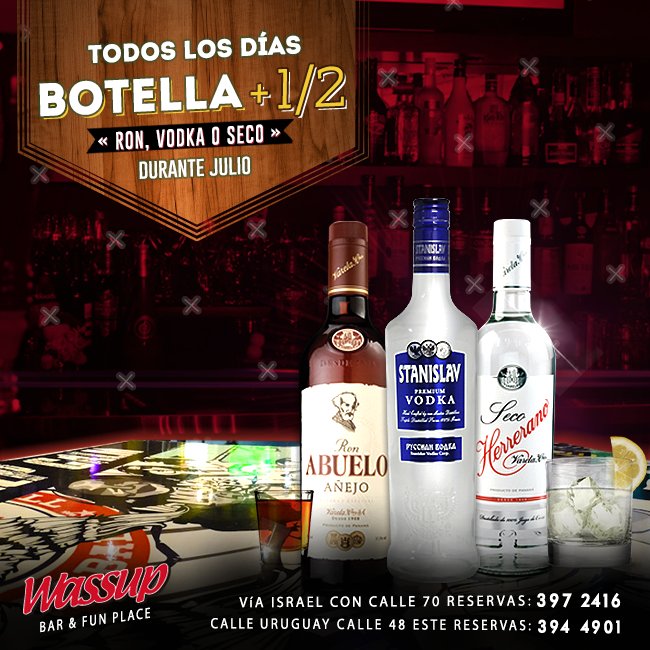 wassuppty's tweet photo. Aquí en #WassupPTY durante julio tenemos botella + ½ de ron, vodka o seco todos los días #SóloEnWassup #FunPlace https://t.co/tDBTzW1dt6