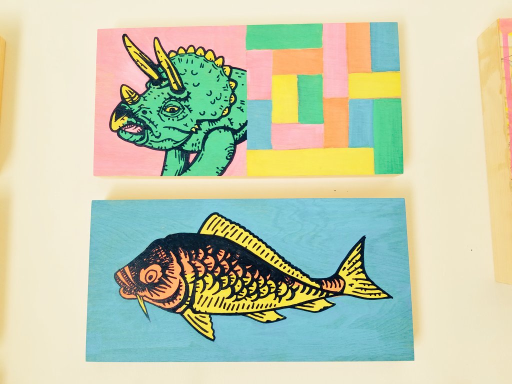 modernmouse's tweet photo. Here are two of the newest #art panels by #Fitztastic, #Dinosaurs vs #Technology & #Fish! π #shoplocal #shopsmall https://t.co/VDhGu1ibbj