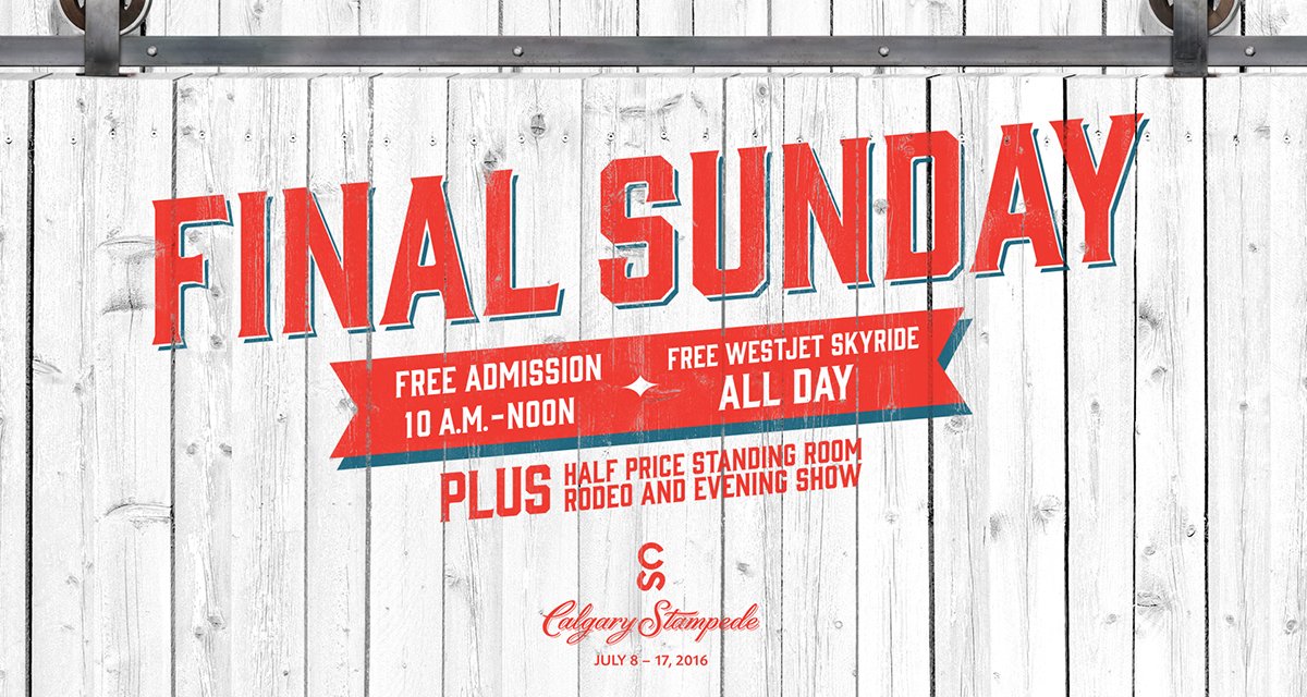 calgarystampede's tweet photo. We hope you can join us to celebrate the last day of Stampede 2016! Free admission from 10 a.m. to Noon tomorrow. https://t.co/xH9ihH0tYN