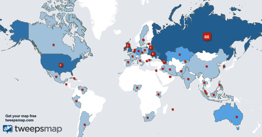 My followers live in Russia (67%), Ukraine(9%)... Get your free map: tweepsmap.com/!VELDERES____