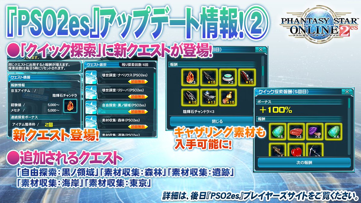 Phantasystaronline2 Pso2放送局 第44回放送中 Pso2es アプデ情報2 8月中旬より クイック探索に 自由探索 黒ノ領域 素材収集 森林 などの新クエストが登場 ギャザリング素材も入手可能 Pso2 Pso2es Phantasystaronline2 Pso2放送局 第44回放送中 Pso2es アプデ情報2 8月中旬より クイック探索に 自由探索 黒ノ領域 素材収集 森林 などの新クエストが登場 ギャザリング素材も入手可能 Pso2 Pso2es