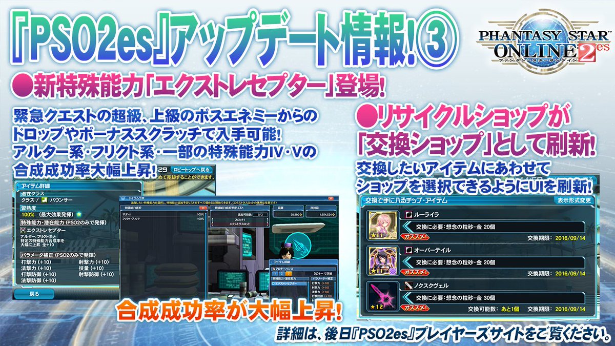 Phantasystaronline2 Pso2放送局 第44回放送中 Pso2es アプデ情報3 8月中旬より 合成成功率が大幅上昇する新特殊能力 エクストレセプター 登場 リサイクルショップが 交換ショップ に刷新 詳細は画像で Pso2 Pso2es