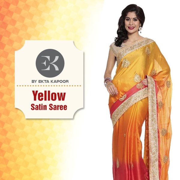 EKLabelOfficial's tweet photo. Spell elegance with this yellow satin saree from #EKLabel.Get this look from @snapdeal here: https://t.co/Xa3uzReqbU https://t.co/BDDboclGnM