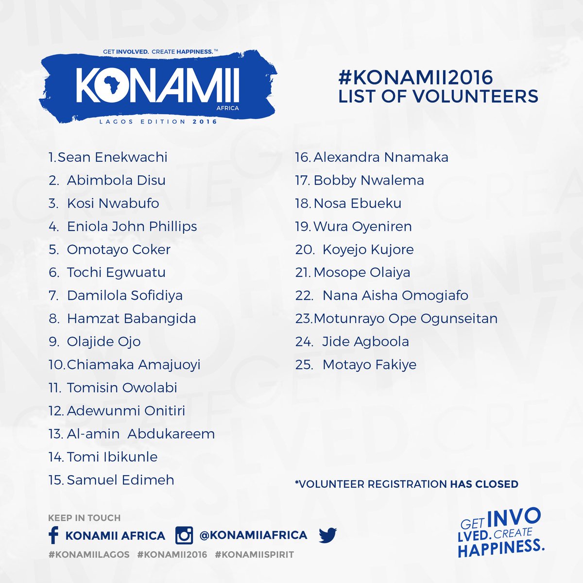 OlamideOlabisi_'s tweet image. This is the final list of the Volunteers for the #KONAMII2016 charity soccer fiesta. Tag your friends. 13 days more.
