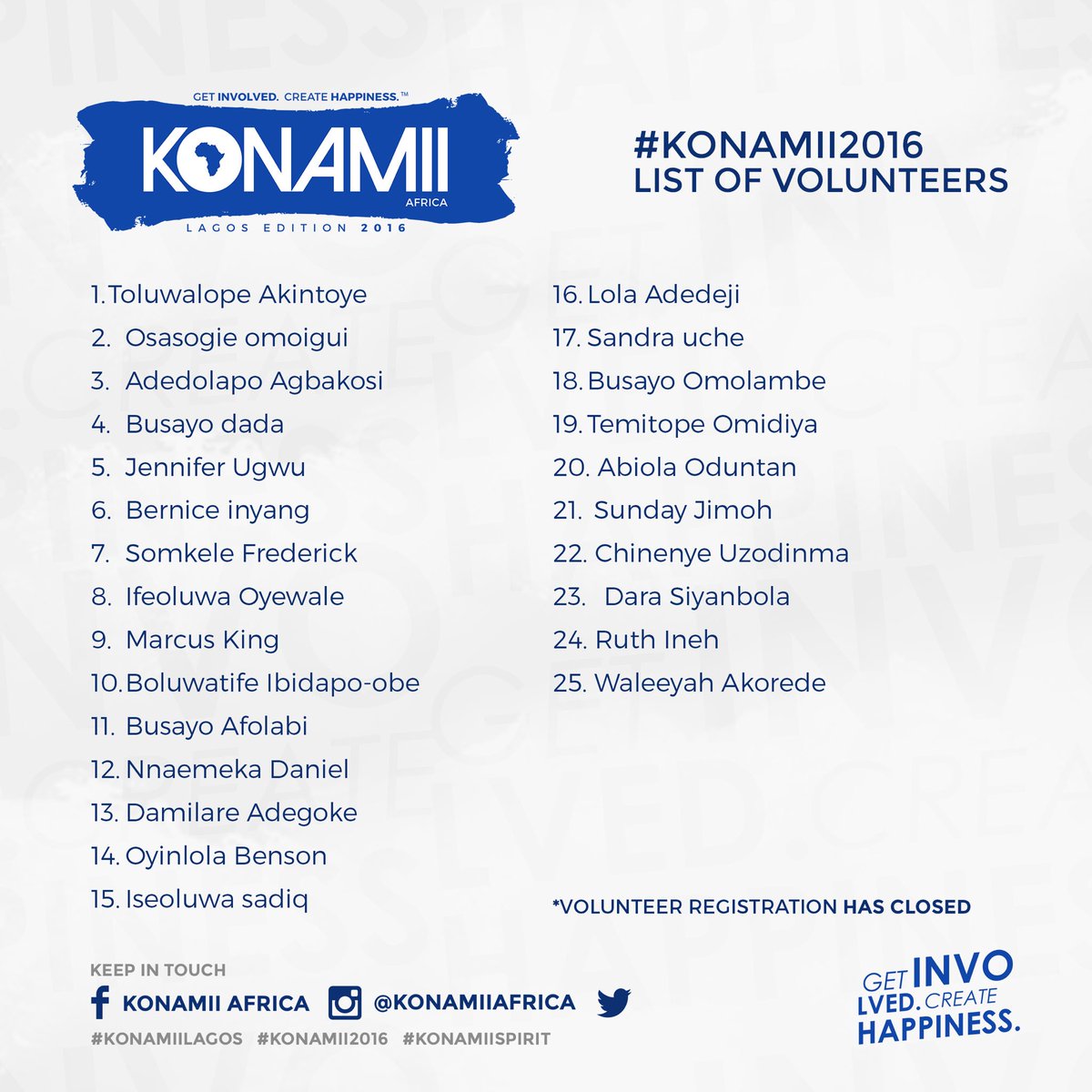 OlamideOlabisi_'s tweet image. This is the final list of the Volunteers for the #KONAMII2016 charity soccer fiesta. Tag your friends. 13 days more.