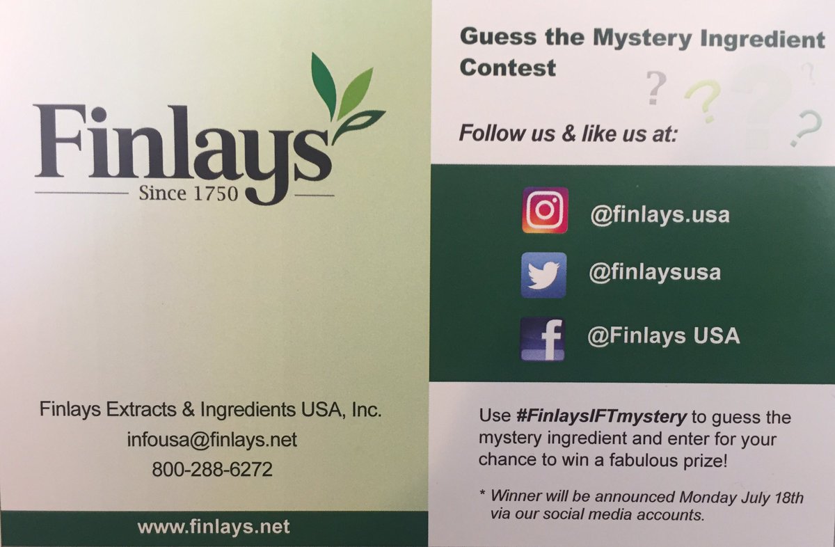 Submit your #IFT16 mystery ingredient guess via social media. Make sure you tag us and include #FinlaysIFTMystery