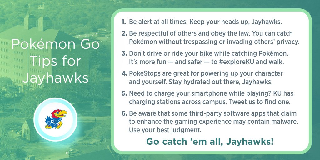 UnivOfKansas's tweet image. #GottaCatchEmAll? Play #PokemonGO safely and #exploreKU while you're at it, Jayhawks.