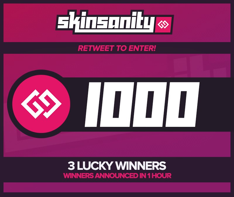 SkinsanityGG's tweet photo. In the next 60 mins, 3 people who RT this tweet will receive 1000 Free GG on Skinsanity.GG  #giveaway #CSGOgiveaway https://t.co/RABDmcfzef