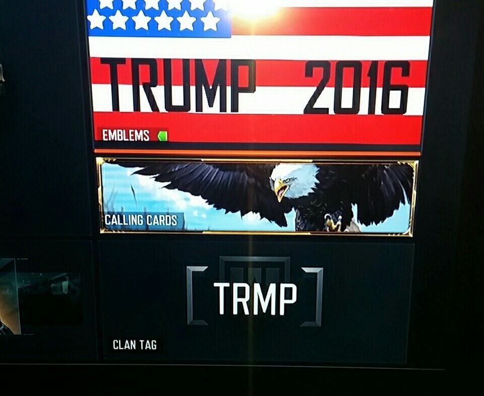 realkingrobbo's tweet photo. My Trump CoD BO3 emblem, calling card, and clan tag. Off to trigger some liberals! https://t.co/ThNFiHJlzS https://t.co/aX0T2lJv9B