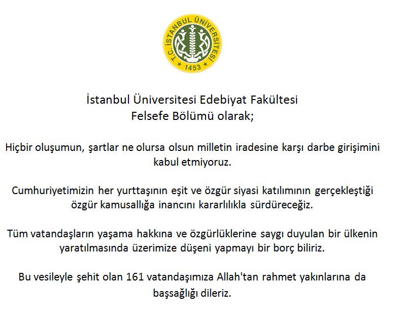 <a href="/IUFelsefe/">İstanbul Felsefe</a> İstanbul Üniversitesi Felsefe Bölümü'nün son günlerde yaşanılan süreç ile ilgili açıklaması: