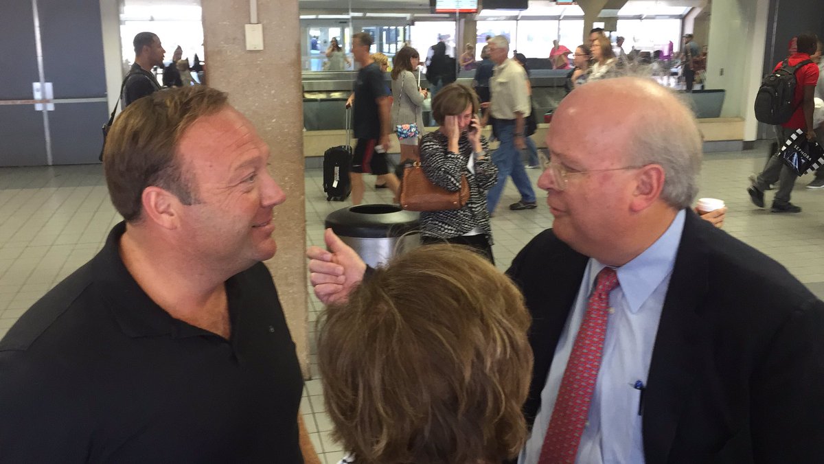 PrisonPlanet's tweet photo. Karl Rove called airport security on Alex Jones for talking to him. Police came &amp; dismissed it. https://t.co/C8wM5OyxIy