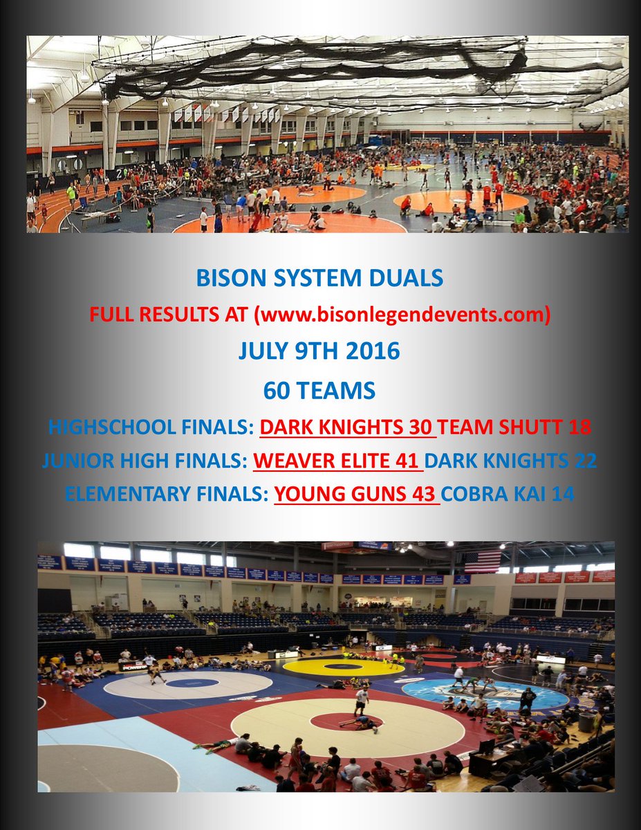 BisonLegEvents's tweet image. Bison System Duals July 9th 60 Team results at bisonlegendevents.com