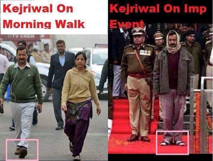 GKSINGH8R's tweet photo. #TalkToTrollKejri
On mng walk: Khas Aadmi with shoes
On 26 Jan: Aam Aadmi with Chappal
Totally Krantikari Aam Aadmi https://t.co/K6V37maDgE
