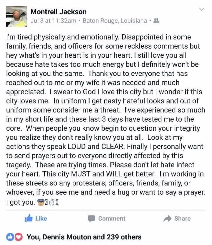 jaykpurdy's tweet photo. Literally in tears man. Officer Montrell Jackson was shot and killed today. He wrote this just days ago #BatonRouge https://t.co/PkOq1YkRrk