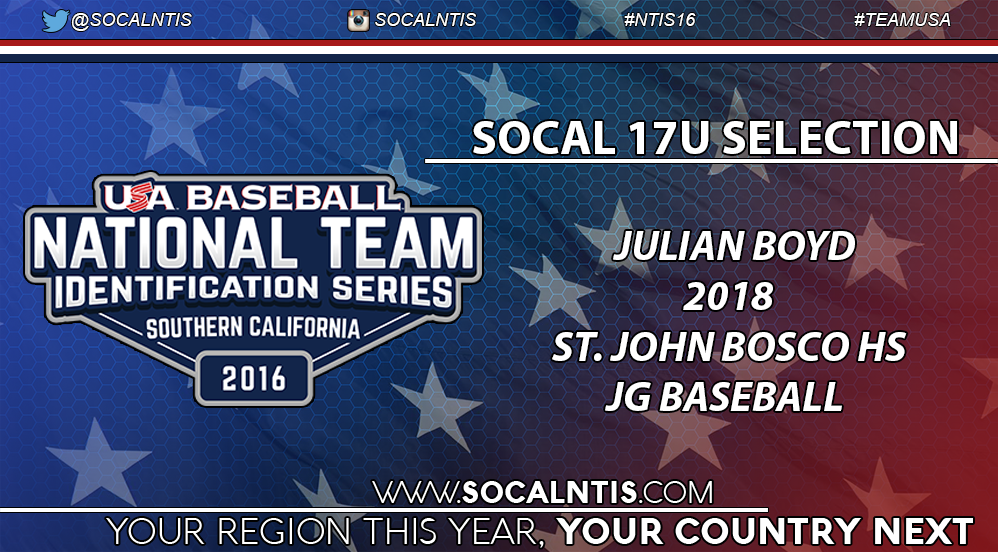 Congratulations to Julian Boyd for being selected to <a href="/USABaseballNTIS/">USA Baseball NTIS</a> #SoCal 17U #NTIS16 team headed to Cary, NC