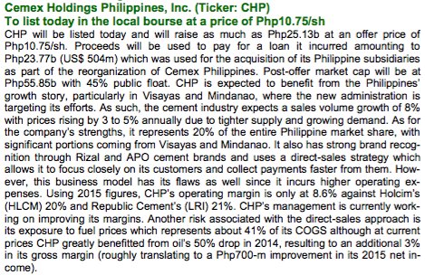 UTradePH's tweet photo. Action Idea
Cemex Holdings Philippines, Inc. $CHP
To list today in the local bourse at Php10.75/share https://t.co/c0SbwZDk6K
