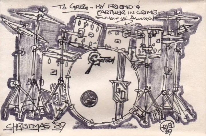GregDeGug's tweet photo. Miss you #RobFried RIP. Happy birthday. My talented percussionist partner for many a show, here he drew my drumset 🌅 https://t.co/bHyGXmzcfg