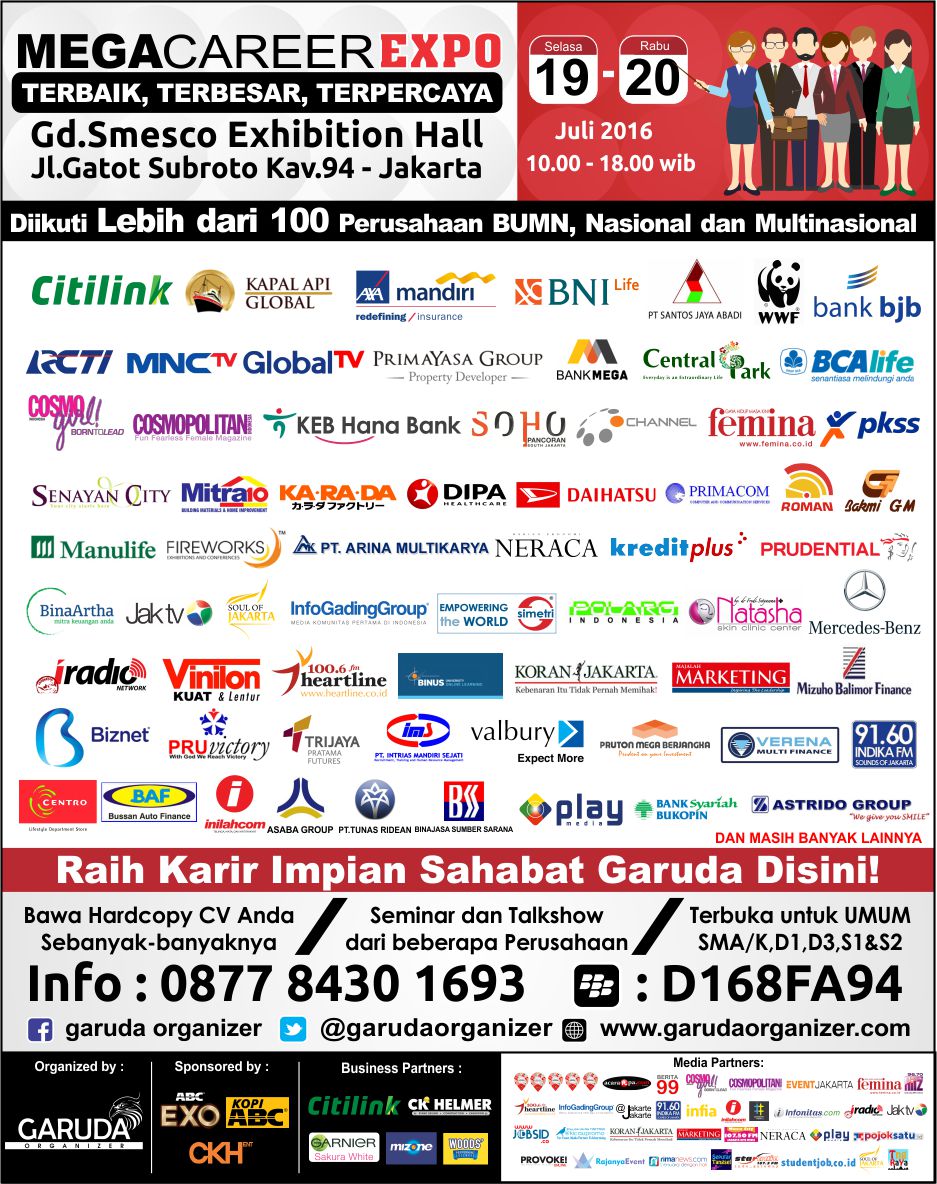 garudaorganizer's tweet photo. Besok! cari kerja di #MCEJakarta 19-20 juli 16 di ged smesco. Info D168FA94 atau 087784301693 @FE_Unpam https://t.co/vUAO2o0oTP