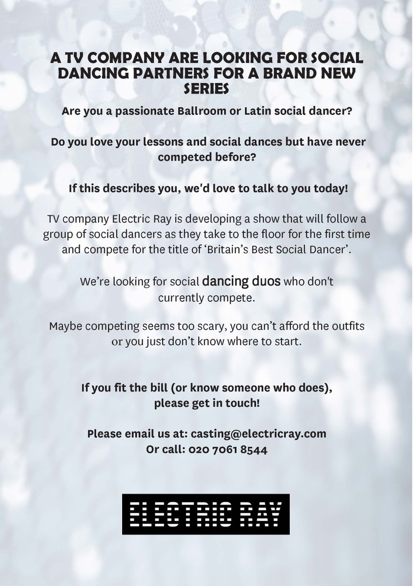 BexTVCasting's tweet photo. Hi @NGDanceforum *now casting* brilliant BALLROOM/LATIN DANCERS for a brand new television show! Get in touch! https://t.co/1EAmCYGNGf