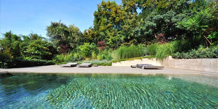 Urwaldambiete am Pool. Poolumrandung, Deck und Mauer aus MEMPHIS Muschelkalk. traco-manufactur.de #Naturstein