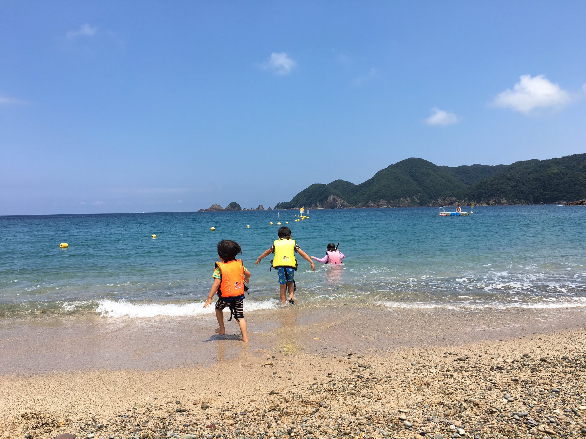 田中あつみ 但馬牛飼い精肉店 田中畜産 牛舎仕事を一区切りさせ 佐津海水浴場 へやって来ました 透明度抜群の海 で 生き物もいっぱいいます 海で泳ぐといったらもっぱらこちらです 今回からは子供達ライフジャケット着用 事故に気をつけながら