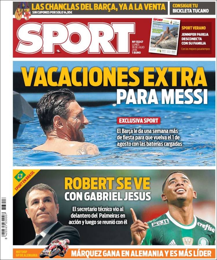 LaLiga's tweet photo. ¡Buenos días! 🗞🍩

Estas son las portadas de la prensa deportiva española este lunes 18 de julio. https://t.co/Xxkm0VN1fL