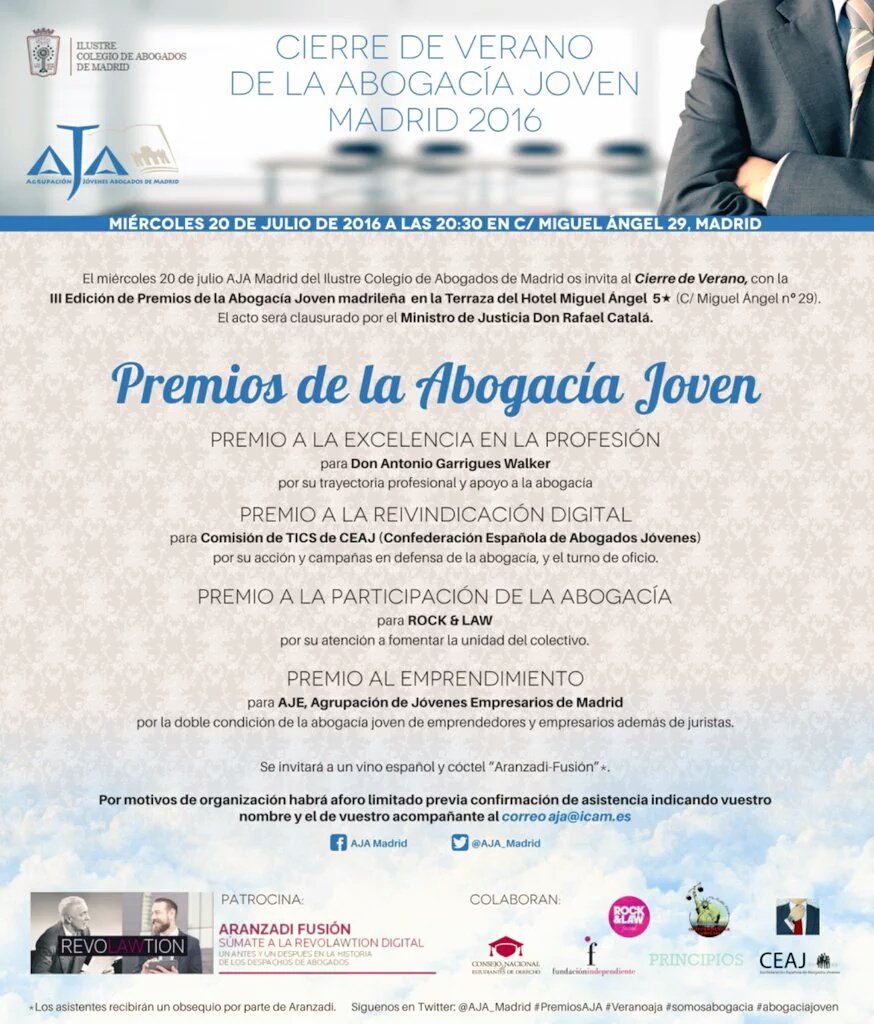 III Entrega de Premios de la Abogacía Joven madrileña en Hotel Miguel Ángel, Miércoles 20 a las 20:30 ¡Os esperamos!
