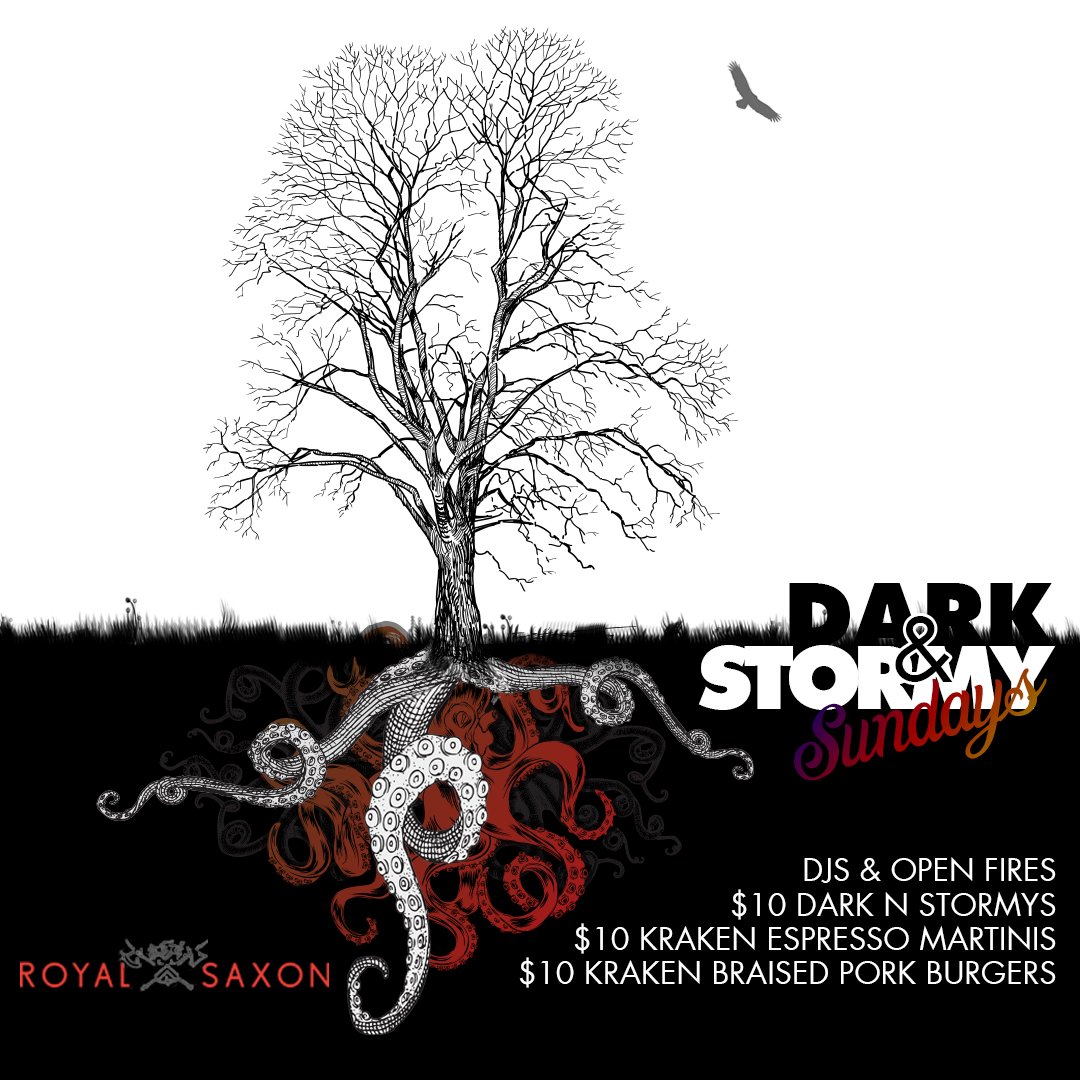 gastrologyco's tweet photo. Dark &amp; Stormy Sundays at @royalsaxon - $10 Kraken dark and stormys, Kraken Espresso martinis &amp; pulled pork burgers! https://t.co/S0gAn4xBR8