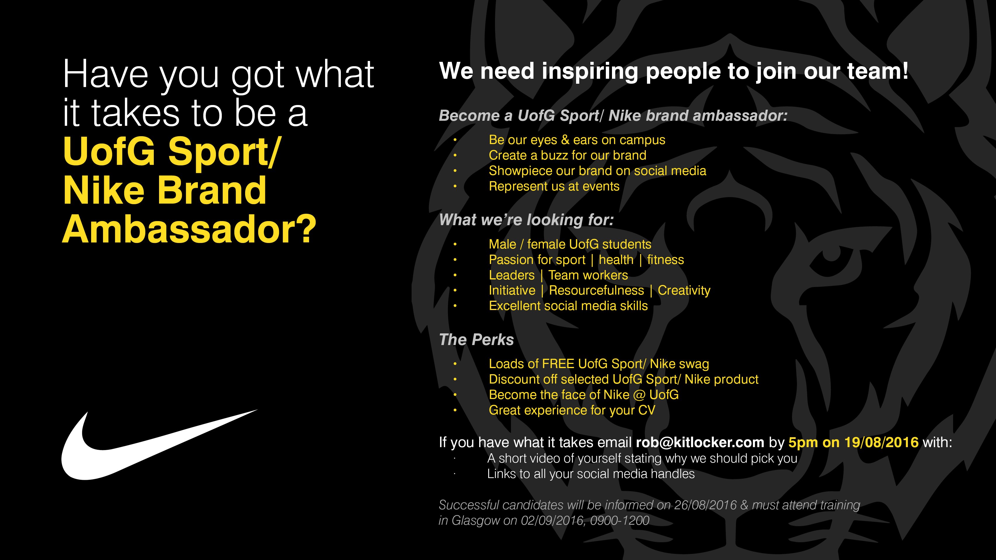 GUSportShop.com on Twitter: "We are now recruiting for Nike Brand Ambassadors for 2016/17 academic year. #Glasgow #BlackAndGold @glasgowunisport https://t.co/td59ZaiJMw"