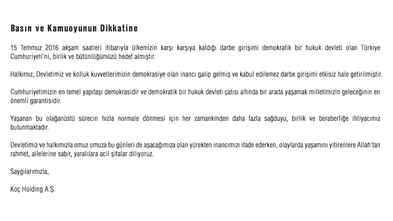 Koç Holding A.Ş. Açıklaması bit.ly/2a9IKqi