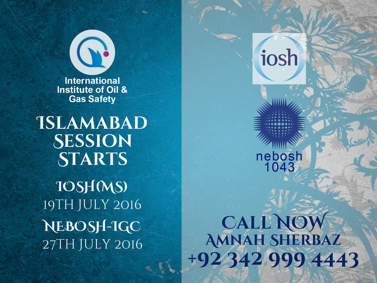 Amnah_iiogs's tweet photo. Dear All!
Register now for the upcoming sessions of #IOSH(#MS) &amp; #NEBOSH-#IGC.
Call Now
Amnah Sherbaz 
+923429994443 https://t.co/XN9LCTTbKM