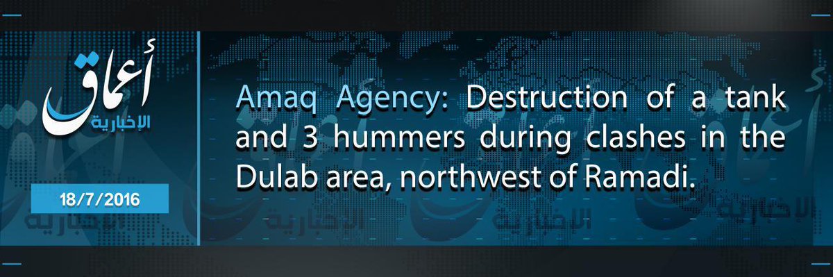terror_monitor's tweet photo. #IRAQ
#IslamicState Claims Destruction Of A Tank & 3 Hummers In #Dulab Area, Northwest Of #Ramadi. #TerrorMonitor https://t.co/qAyYzsh4jO