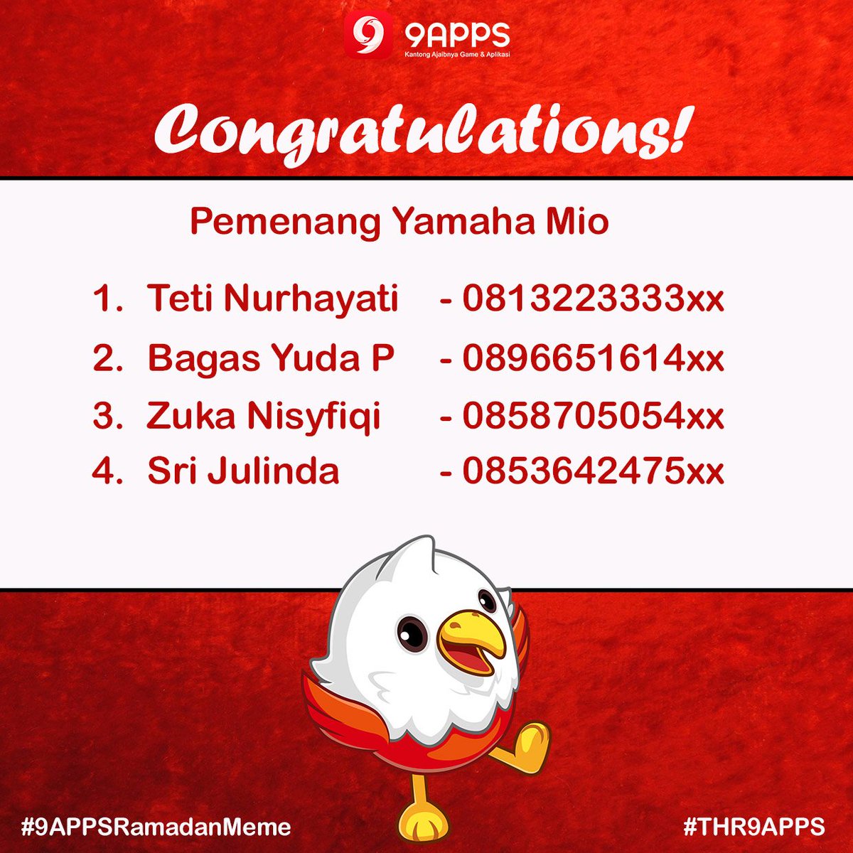 9Apps_id's tweet photo. SELAMAT kepada pemenang motor Yamaha Mio! Ditunggu hadiahnya 1-2 bulan yaa.. Congrats! #THR9APPS #9APPSRamadanMeme https://t.co/UYYGdZKjVh