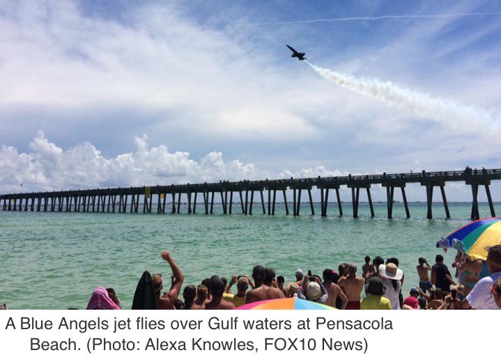 SarahWallFox10's tweet photo. .@BlueAngels wrap #RedWhiteandBluesWeek in front of huge crowds -- and, they'll be back in November! @FOX10News https://t.co/HRnNWBIybq
