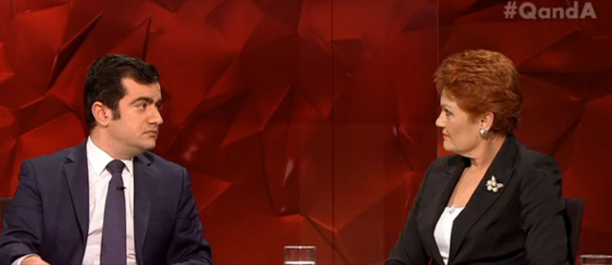 "Are you a Muslim?" <a href="/PaulineHansonOz/">Pauline Hanson 🇦🇺</a> to <a href="/samdastyari/">Sam Dastyari</a> #QandA