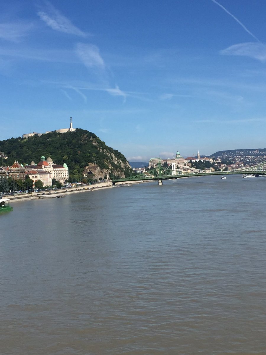 ToujourCourage's tweet photo. The Danube. 手前に見えるのがくさり橋、その奥がエルシェベート橋。川は流れが早くて浮かんでる鳥がすごい速さで流れていった(笑) #Bidapest https://t.co/2UxmJCIXms